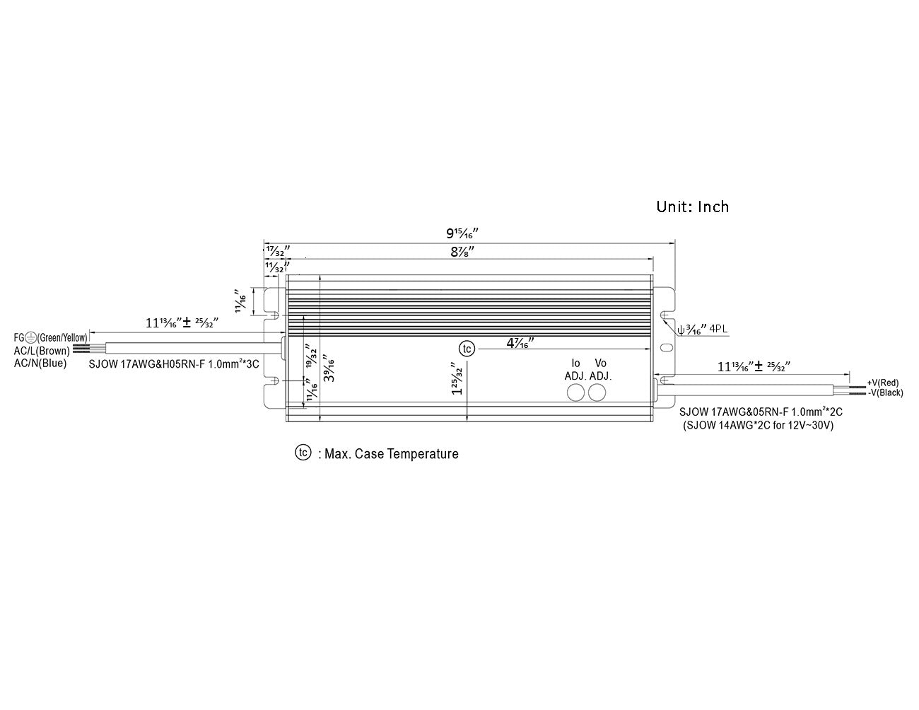 Polarity, measurement, and wiring information on a dimensions sheet for the Mean Well 320W LED power supply.