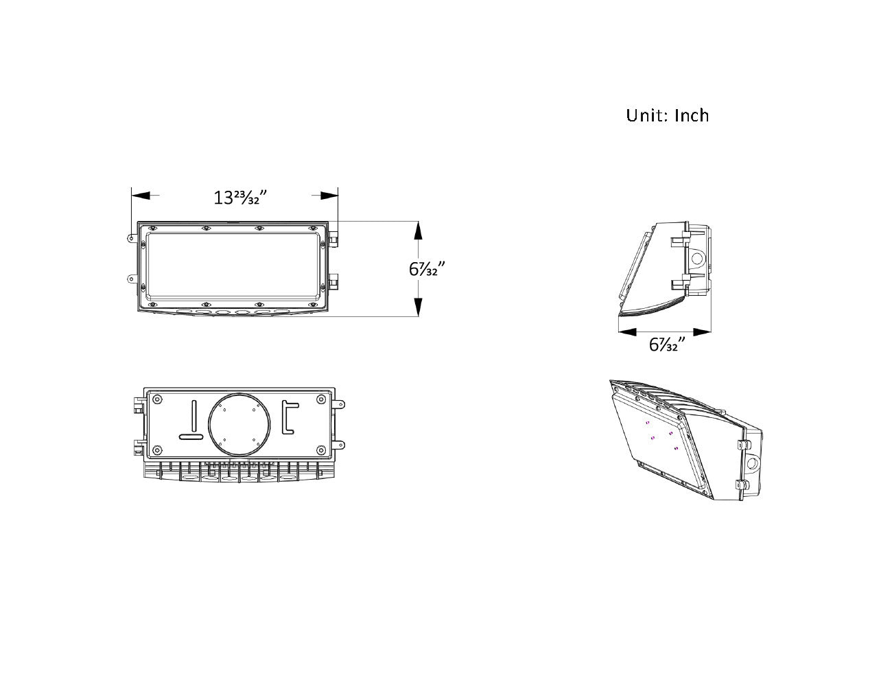 Dimensions of LED Semi-Cutoff Wall Pack Light 120W.