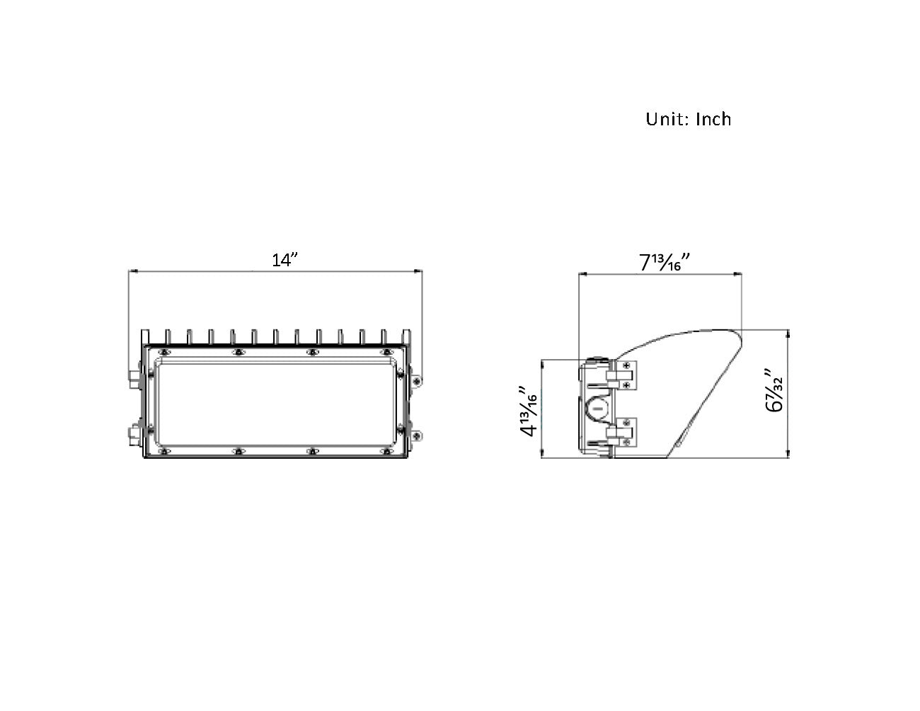 Dimensions of LED Semi-Cutoff Wall Pack Light 70W.