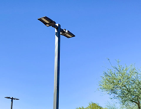 LED Shoebox Lights installed on a outside pole.