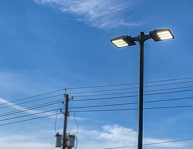 LED Shoebox Lights installed on a outside pole.