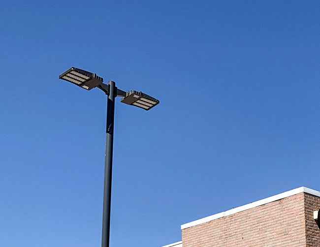 LED Shoebox Lights installed on a outside pole.