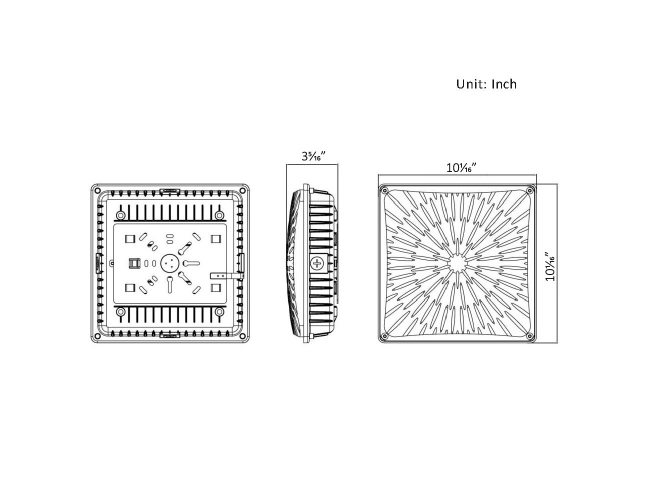 Dimensions of Bottom view of Side view of LED Canopy Light fixtures for both outdoor and indoor 65W.