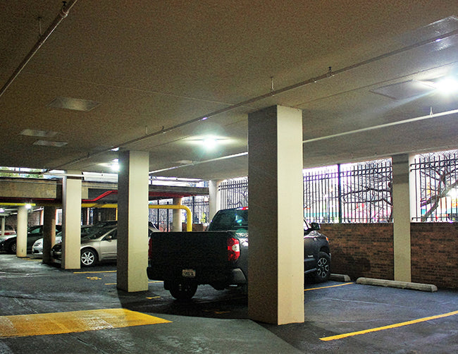 LED Canopy Light fixtures 65W installed in an outdoor garage.