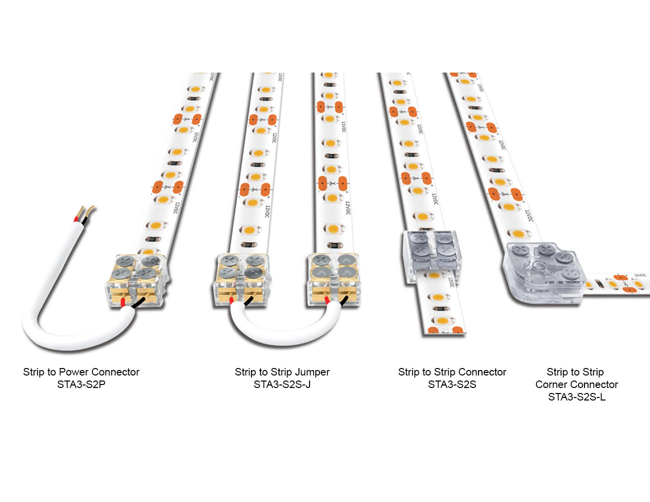 Compatible accessories are available for GL LED Dim to Warm strip lights, including strip to power connectors, stirp to strip jumper connectors, strip to strip connectors, and strip to strip corner connectors.