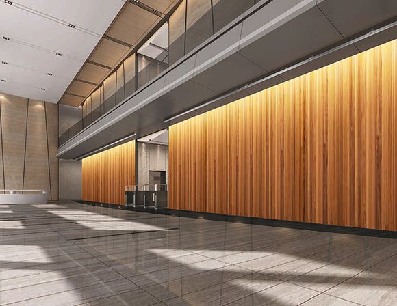 LED strip lights are used in an aluminum channel to create a unique lighting design with a wall washing effect.