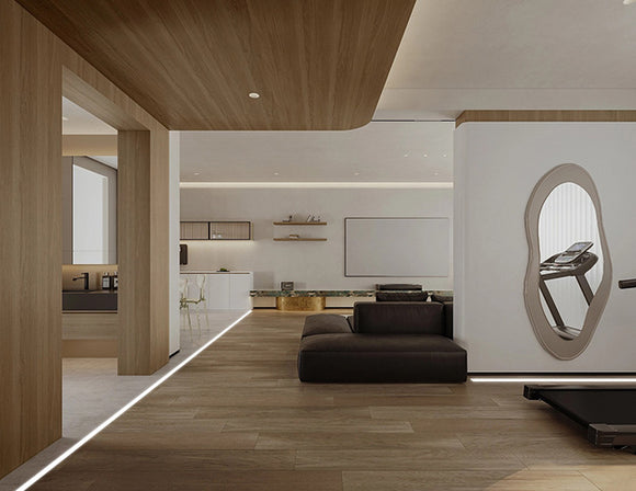 LED strip lights are used in an aluminum channel to create a unique lighting design in an apartment.