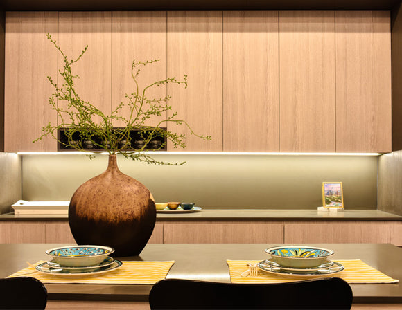 LED strip lights are used in an aluminum channel to create a unique lighting design for kitchen undercabinets.