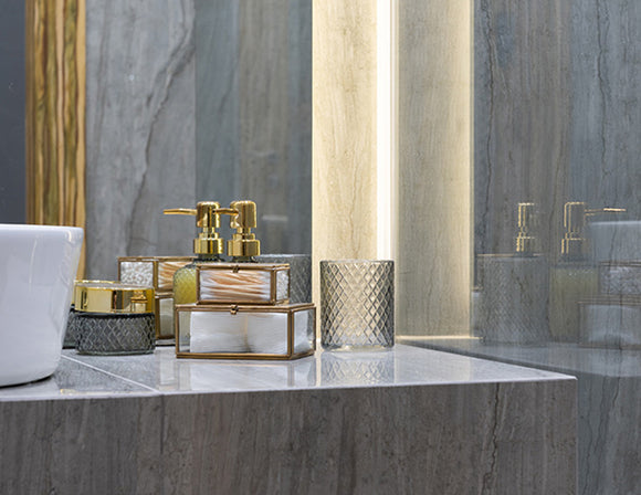 LED strip lights are used in an aluminum channel to create a unique lighting design in a bathroom.