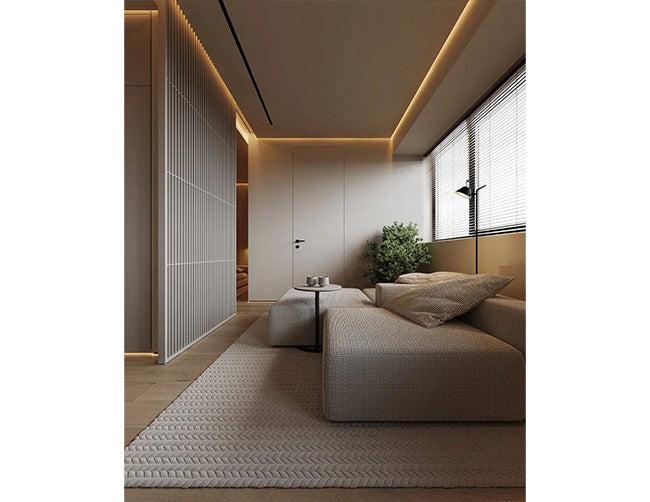 A living room is decorated with ambient LED strip lights that are powered by a dimmable low voltage transformer.