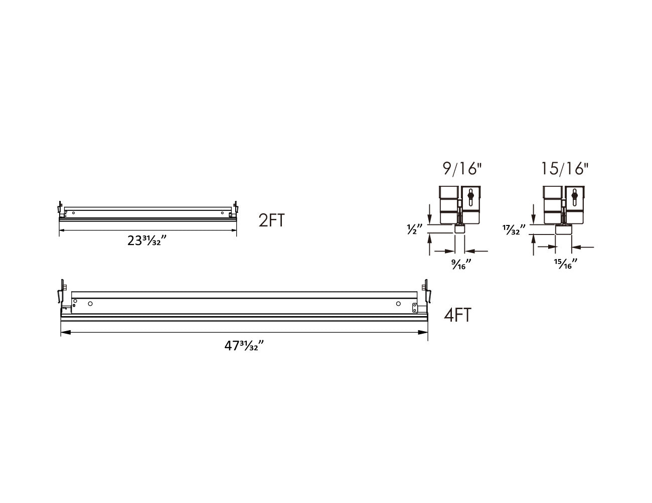 Dimensions of LED T Grid Linear Light fixtures.