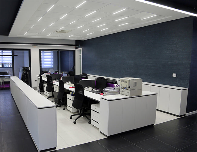 Six rows of LED T Grid Linear Light illuminating a large office area.