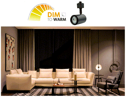 LED Track Light Dim to Warm 10W model is dimming down in a living room, lowering color temperature from white to warm yellow.