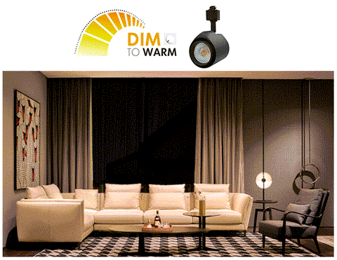 LED Track Light Dim to Warm 14W model is dimming down in a living room, lowering color temperature from white to warm yellow.