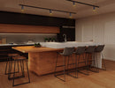 LED standard track lights illuminate a kitchen area.