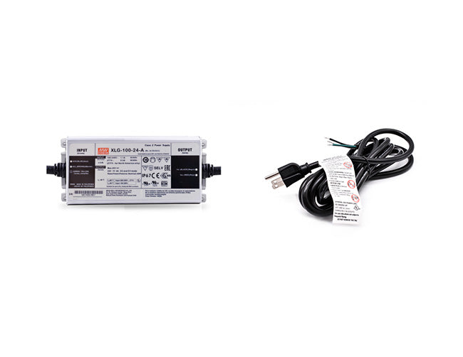 A Mean Well 100W 24VDC LED transformer with black three-prong power cord for powering LED strip light systems.