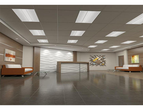 Many LED Troffer Light CCT Tunable 2ftx2ft are illuminating a large reception area.