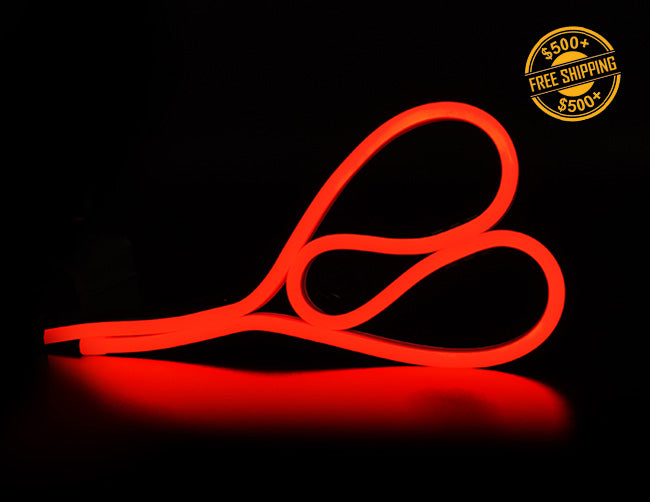 Front view of LED Side Bend Neon Light WINT - single color for Wet Location red jacket 24V; a label of free shipping for orders over $500 is shown as well.