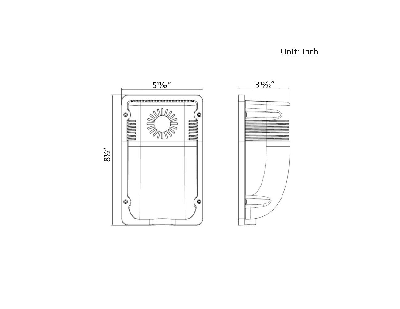 Dimensions of LED Wall Pack Light 20W.