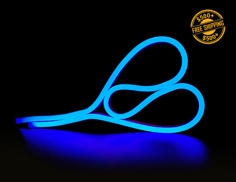 Top view of LED Side Bend Neon Light WINT - single color blue jacket; a label of free shipping for orders over $500 is shown as well.