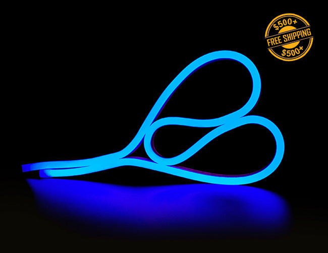 Top view of LED Side Bend Neon Light WINT - single color blue jacket; a label of free shipping for orders over $500 is shown as well.