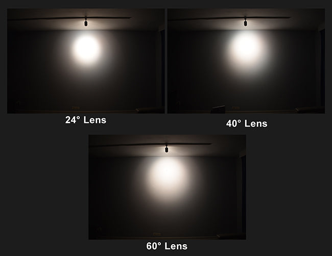 Lighting effects comparison from LED Track Light standard 34W 3000K model with selectable beam angles at 24 degree, 40 degree, and 60 degree.