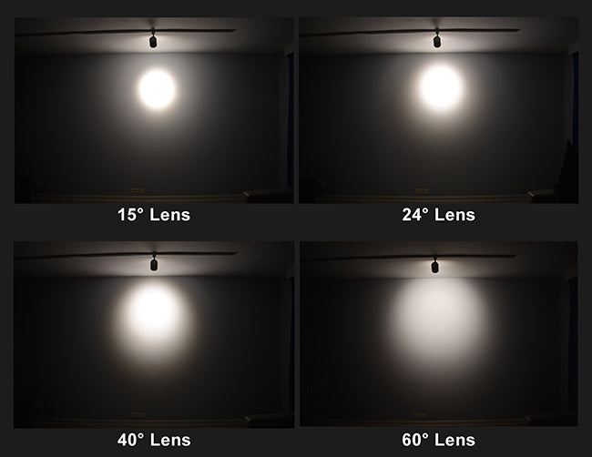 Lighting effects comparison from LED Track Light standard 22W 3000K model with selectable beam angles at 15 degree, 24 degree, 40 degree, and 60 degree.