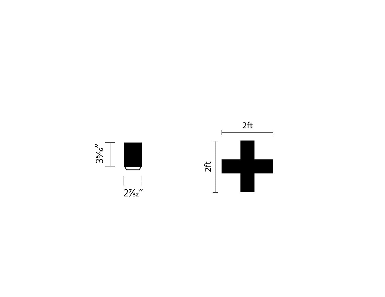 Top view and side view of L8456 down and continuous run liner light cross-shaped; Each arm of the cross-shaped light is 2ft long, 2-7/32" wide, and 3-5/16" high.