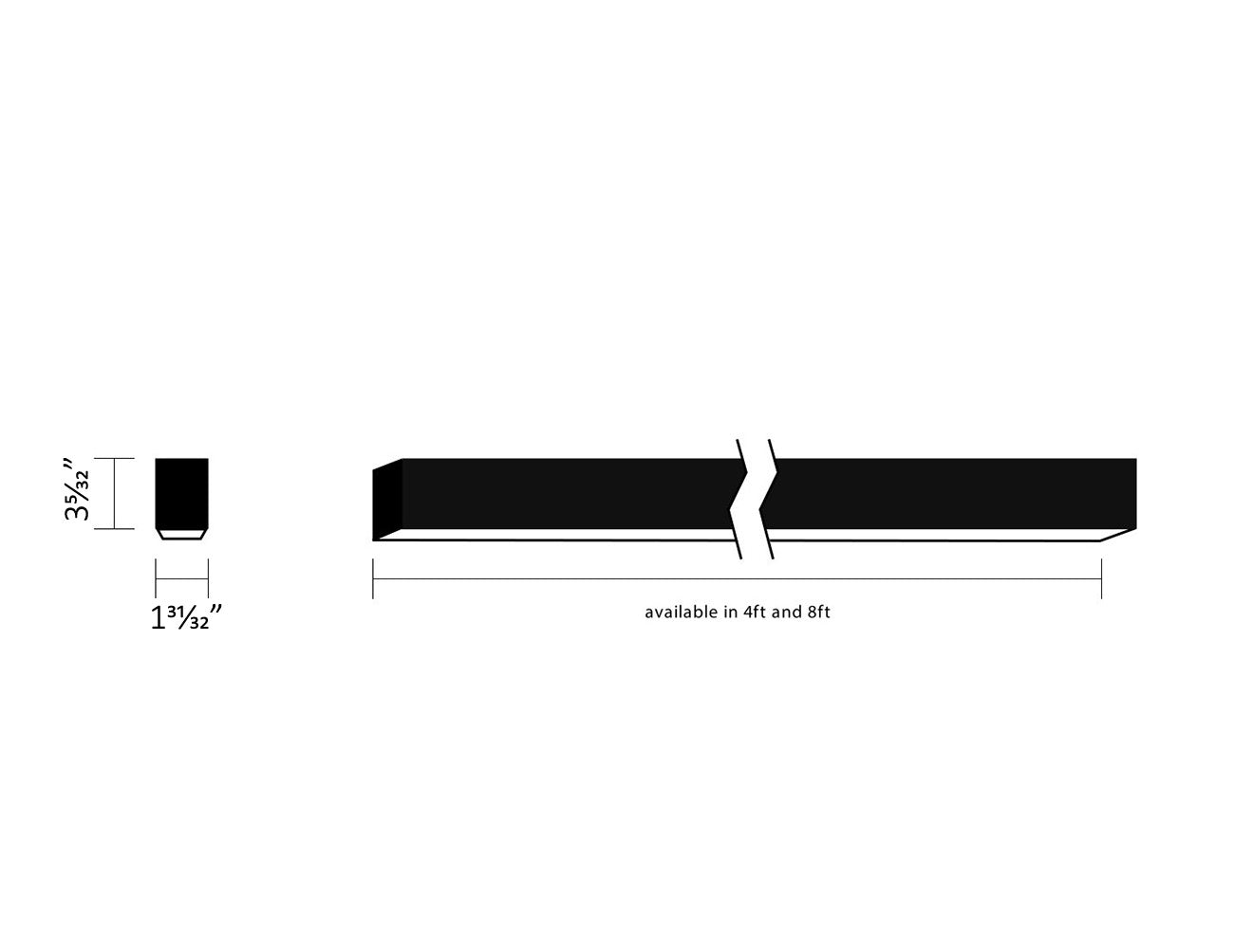 Dimensions of GL LED L8050 4ft/8ft linear light fixture.