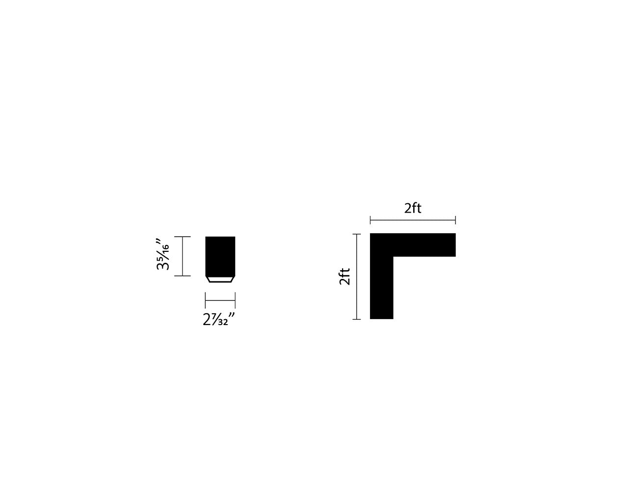 Top view and side view of L8456 down and continuous run liner light L-shaped; Each arm of the cross-shaped light is 2ft long, 2-7/32" wide, and 3-5/16" high.