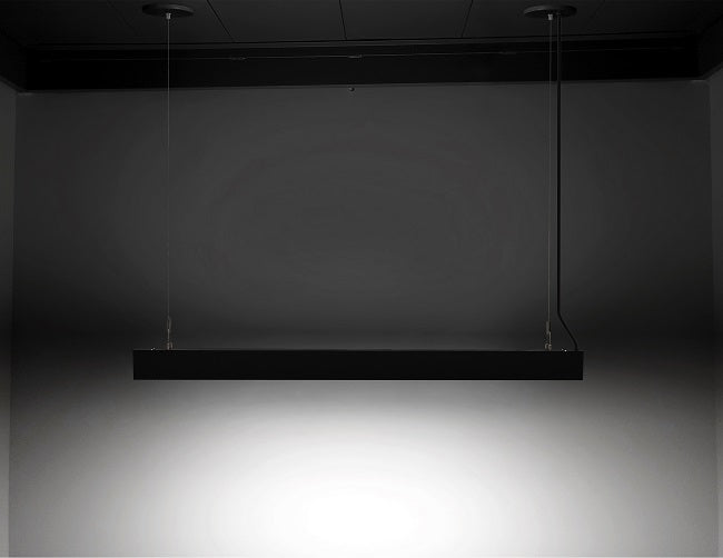 A black color GL LED L8050 linear light fixture is suspended from ceiling.