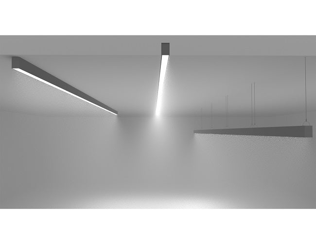 GL LED linear lights renderings showing suspended and surface mounted installations