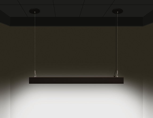 GL LED linear light black color suspended with suspension cables and power cable going through a canopy at both sides