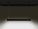 GL LED linear light black color suspended with suspension cables and power cable going through a canopy at both sides