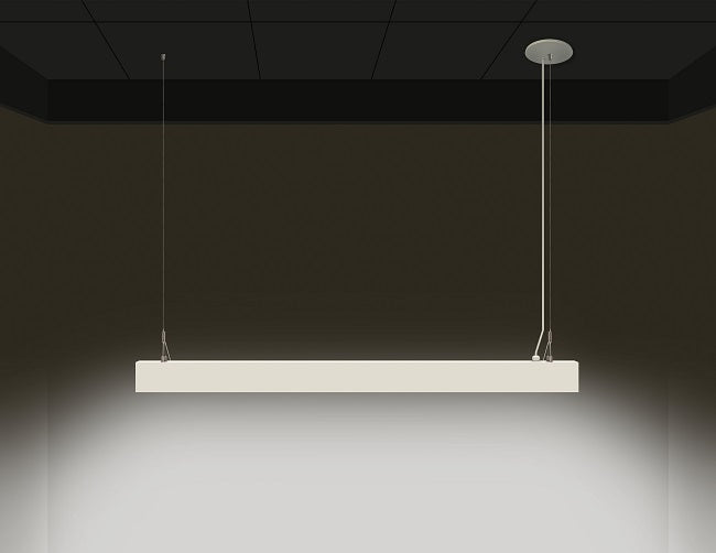 GL LED linear light white color suspended with a suspension cable and a power cable going through a canopy at one side and a suspension cable without canopy on the other side