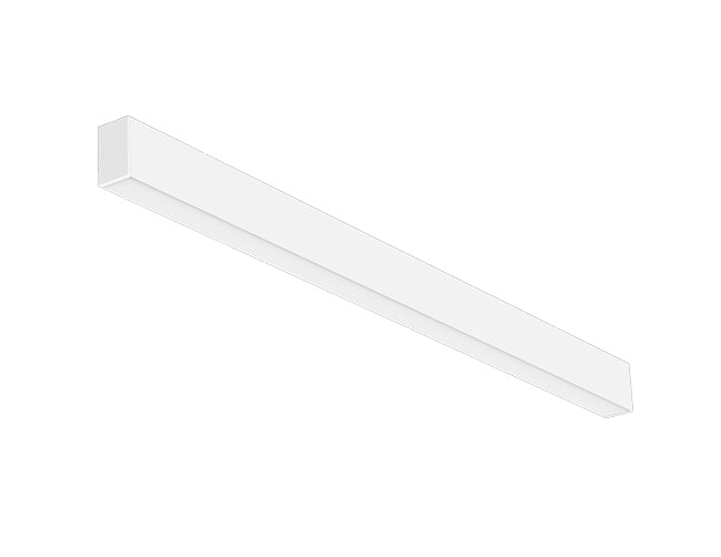 Front view of 8ft GL LED L8456 linear light fixture that is in white color, down lighting, and continuous run (connected to each to to form an extended lighting appearance)