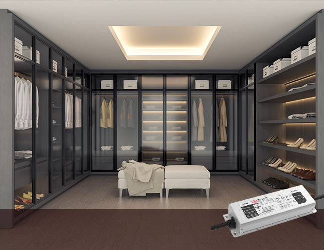 200W 24V LED strip lights used in lighting design for a walk-in closet powered by a low voltage transformer.
