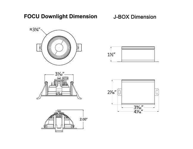 Dimensions of FOCU LED downlight and its junction box.