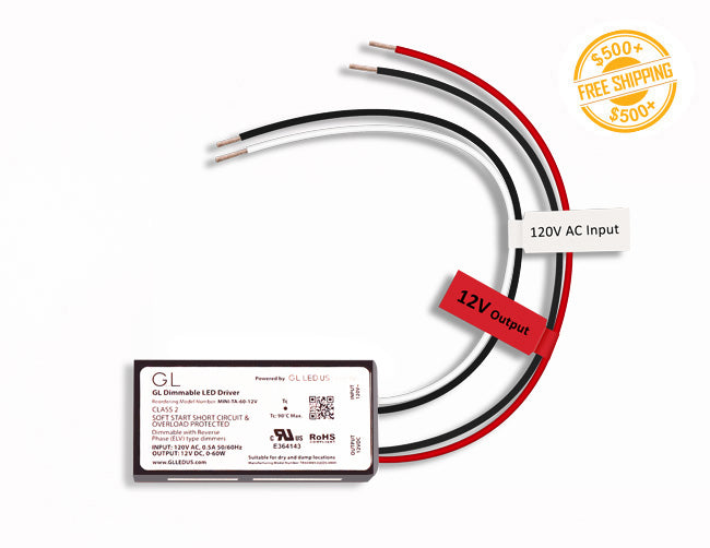 Top view of LED Mini Dimmable Driver - MINI-TA-60-12V; a label of free shipping for orders over $500 is shown as well.