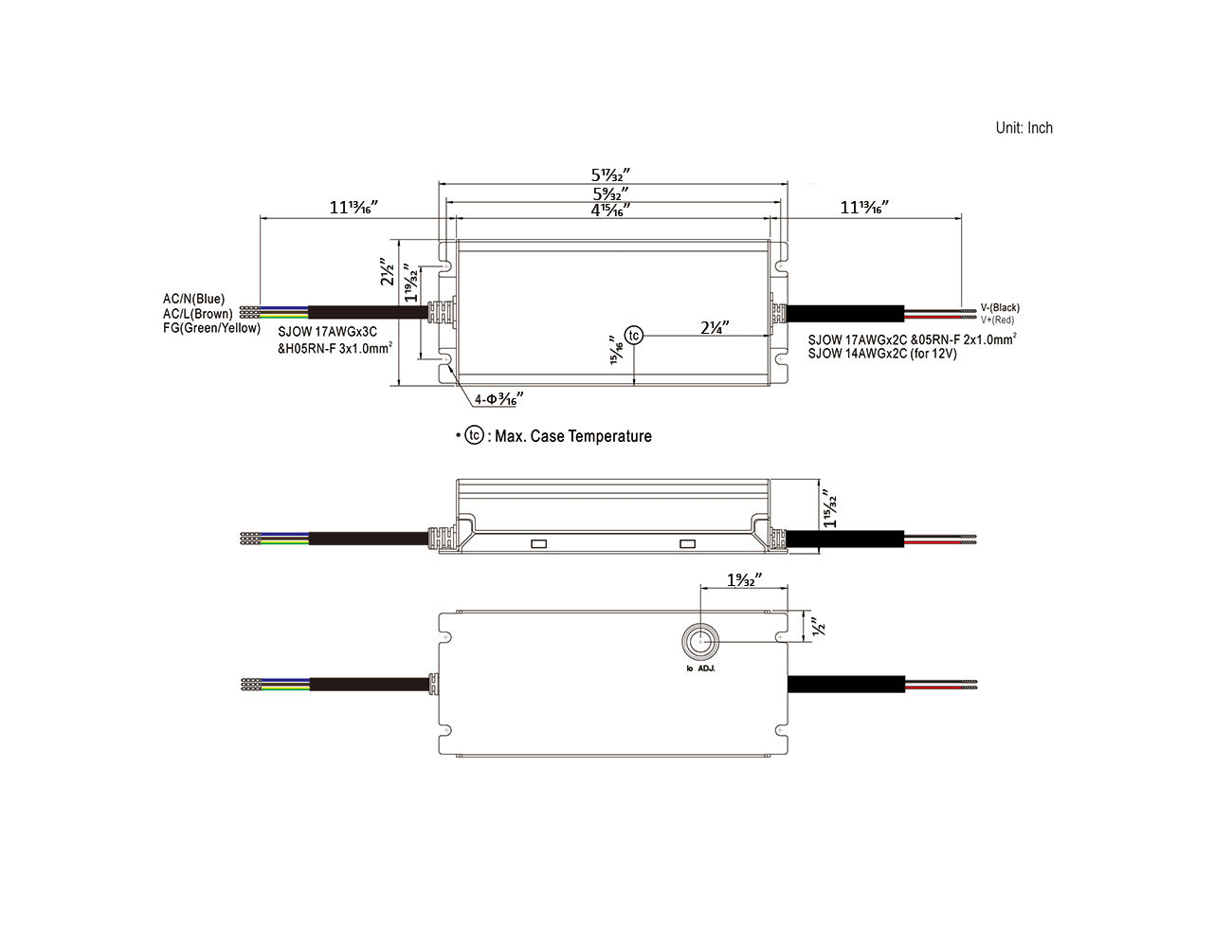 Mean Well 100W Power Supply dimensions, polarity, and wiring information.