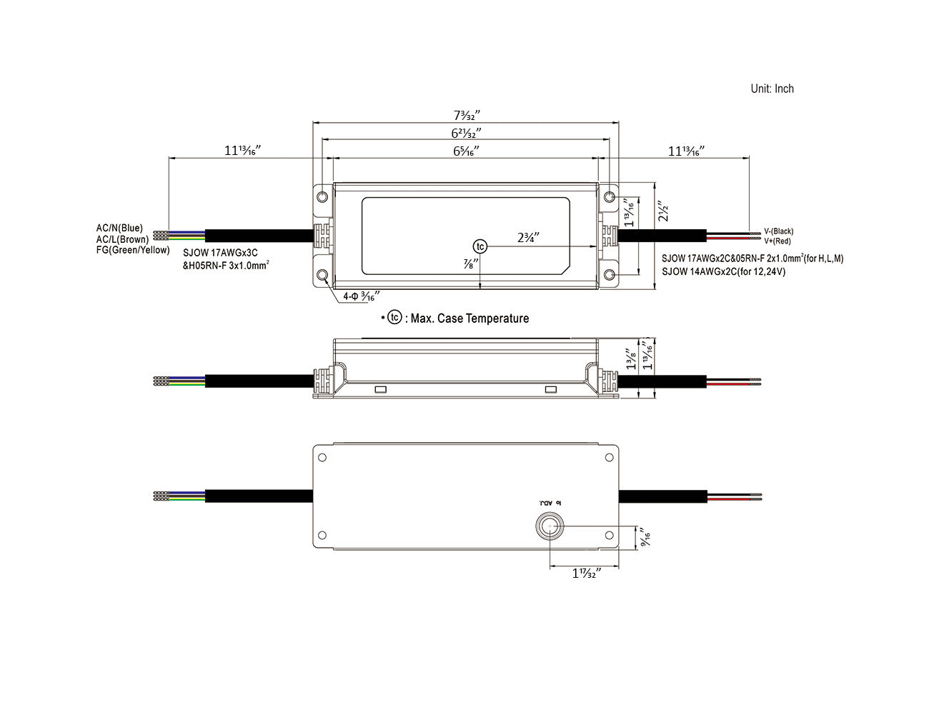 Dimensions for the Mean Well 150W 12V Power Supply.