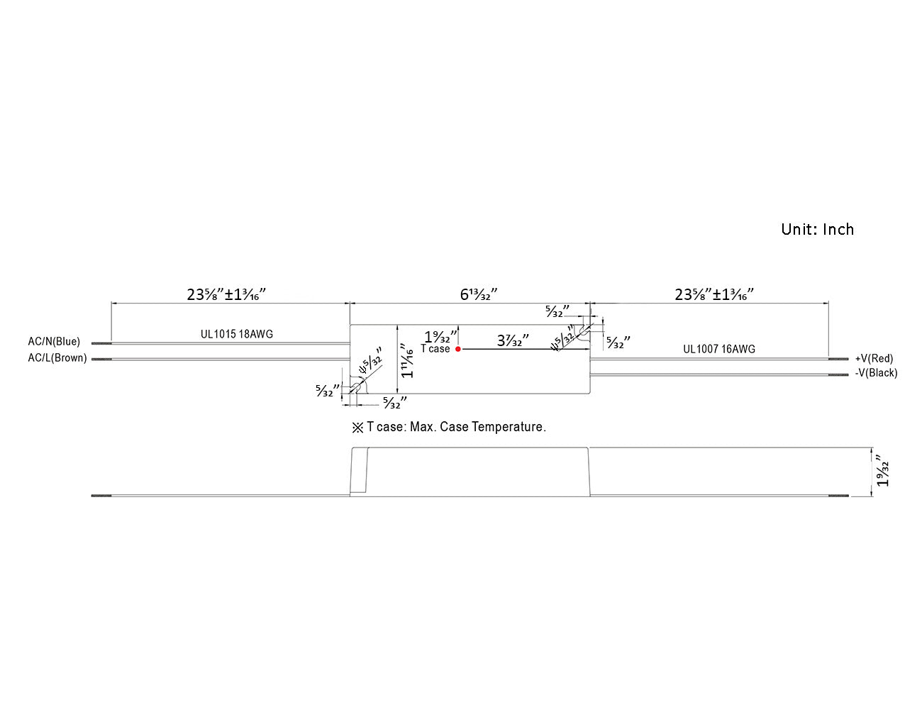 Dimensions for the Mean Well 60W 24V power supply including the polarity, wiring, and measurements.