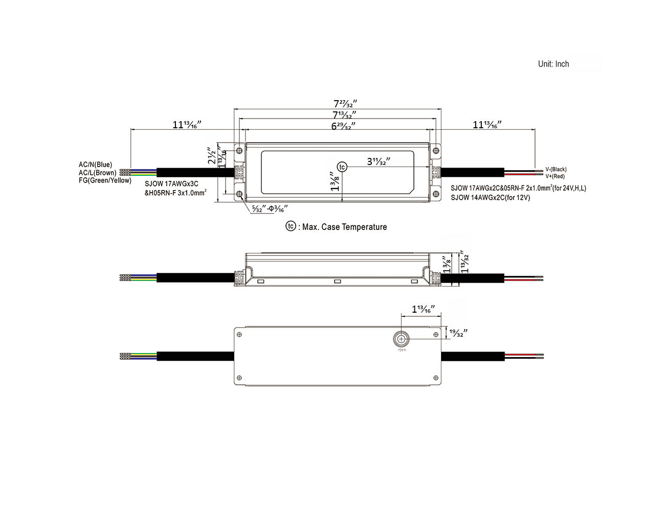 Wiring, polarity, and measurements for the Mean Well 200W 24V LED power supply.