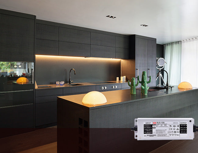 Modern kitchen decorated with LED strip lights powered by a low voltage transformer.