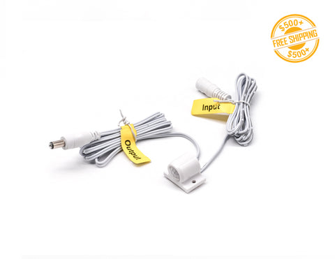 Top view of Infrared PIR Motion Sensor Switch with wires for both power supply and LED strip lights; a label of free shipping for orders over $500 is shown as well.