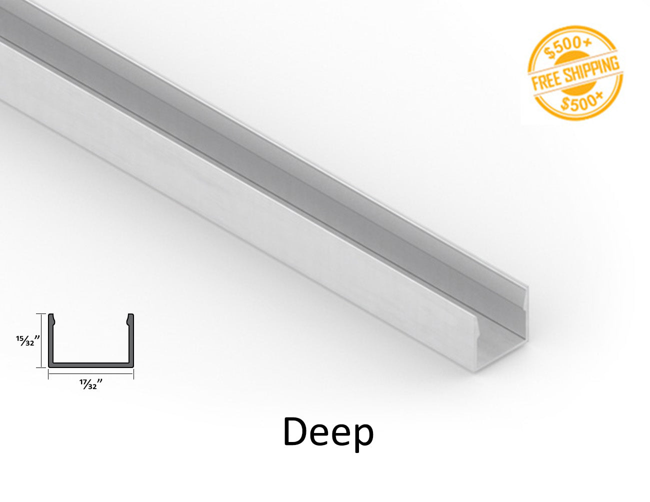 Front view of LED 3D neon light accessories - deep mounting channel; a label of free shipping for orders over $500 is shown as well.