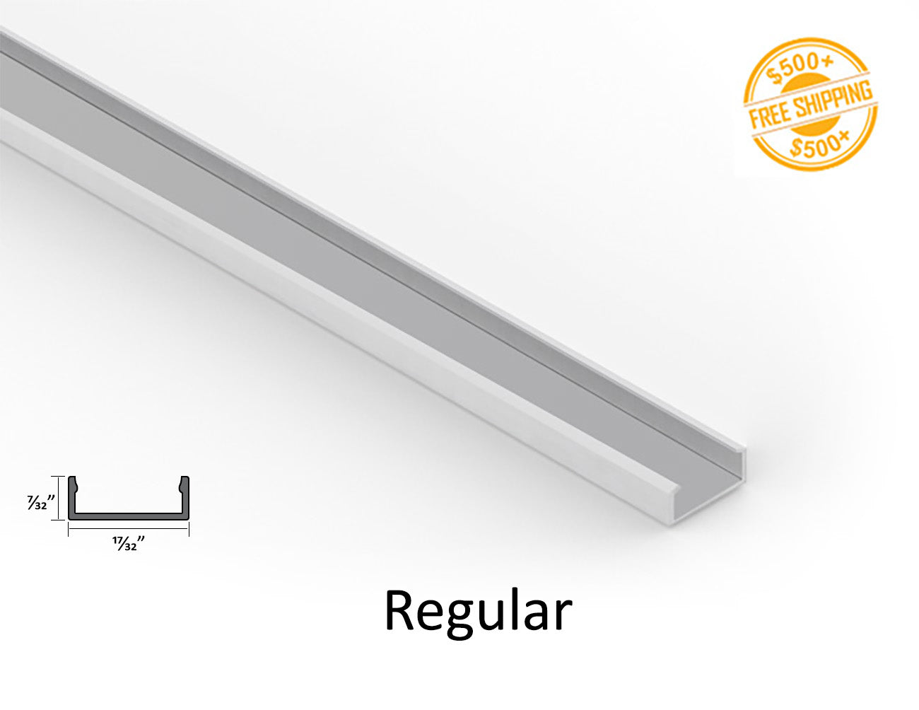 Front view of LED 3D neon light accessories - deep mounting channel; a label of free shipping for orders over $500 is shown as well.