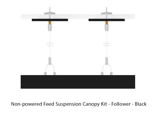 A black color LED linear light fixture suspended with two suspension cables going through a black canopy at both sides using toggle bolts.