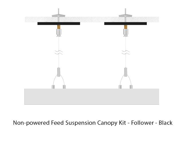 White color LED linear light suspended with suspension cables going through a black canopy at both sides using toggle bolts