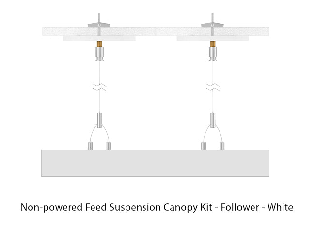 White color LED linear light suspended with suspension cables going through a white canopy at both sides using toggle bolts